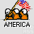 Pixelated cartoon figures holding an American flag, with text "AMERICA" below, transitioning to a full American flag pattern.