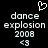 Pixelated white text and symbols on black background: 'dance explosion 2008' with '<3' below, a heart symbol above.