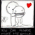 Two cartoon figures embrace under a red heart, with 'I love you' text on fabric and sand.