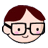 Pixelated cartoon head with brown hair, black glasses, pink cheeks, and a small smile, shown in four sequential animation frames.