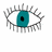 Pixelated eye with teal iris and black pupil surrounded by gray eyelashes, next to a single teal teardrop falling from closed gray lashes.