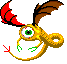 Pixelated dragon with golden body, green eyes, red and brown wings, and green leaf-like appendages, shown in multiple poses against gray background.