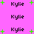 Pixelated text 'Kylie' repeated across a bright pink background with scattered green plus signs, animated to shift positions and fade in/out.