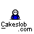 Pixelated character with blue clothing and red eyes, shown in multiple poses with orange flame effects, beneath text reading Cakeslob.com