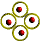 25 distinct arrangements of yellow rings and red spheres on a gray background, each configuration showing different ring sizes and sphere placements
