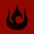 Three black flame-like symbols on red background with one white square in bottom right corner.