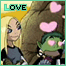A pixelated image shows two cartoon characters with pink hearts floating above them, the word "LOVE" in cyan text at the top left, and a yellow background.