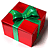 Red gift box with green ribbon bow on white background, partially overlaid by dark blue text