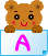 Pixelated brown bear with black eyes and red cheeks holds a light blue sign with a pink letter A on the left, and a blank sign on the right.