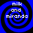 Four identical blue and black spiral patterns with white text reading 'milk and miranda' arranged in a on a black background