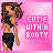 Pixel art contact sheet showing six frames of an animated icon featuring a cartoon woman in a black checkered outfit against a pink background with text "CUTIE WITH A BOOTY".