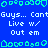 Blue background with repeating green pixelated shapes and white text reading "Guys... ContGuys... Cont" and "Live w/ Out em" in a pattern