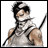 Pixelated anime-style character with dark hair and bandaged face holding a long curved blade against gray and black background.