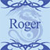 Pixelated blue and white icon with the name 'Roger' in dark blue text centered over a swirling abstract background.