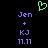 Green pixelated heart symbol above purple text reading Jen, +, KJ, 11.11 on black background.