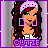 Pixel art contact sheet of a cartoon woman with long brown hair wearing a white headband, large pink square earrings, and a white top with purple text reading "CUTIE" below her chest.