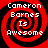 Four identical red and black spiral patterns with white text reading "Cameron Barnes Is Awesome" arranged in a