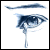 A blue-toned eye with a single tear drop, accompanied by text phrases in blue pixelated font