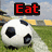 A soccer ball on a grassy field with text labels 'Eat', 'Sleep', and 'Score' appearing above it in red pixelated font.