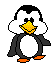 Pixelated penguin with black head, white face, yellow beak, black wings, white belly, orange feet, and smiling expression on gray background.