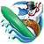 Pixelated green and blue abstract shape with brown and red accents on gray background.