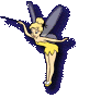 Four pixelated frames of a fairy character in yellow dress with blue wings, each showing distinct wing and arm positions against gray background.