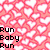 Pixelated pink background with white heart pattern, black text "Run Baby Run" on left and "Dont Ever Look Back" on right with heart symbol.
