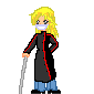 Pixel art character with blonde hair, black coat with red stripe, blue pants, white mask covering mouth, holding cane; gray background.