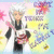 Pixelated anime-style character with white hair and black-and-white clothing holding a red object against pastel background with text elements.