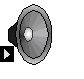 Animated speaker icon with musical notes and symbols appearing and changing color across frames.