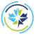 Circular icon with blue and green leaf-like shapes arranged in a radial pattern, surrounded by segmented arcs of light blue and dark blue on a gray background.