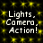 Pixelated text "Lights, Camera, Action!" repeated four times on a black background with yellow star-like patterns.