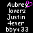 Pixelated text displays 'Aubrey loverz Justin 4ever bby<33' with a pink heart symbol replacing the 'e' in 'Aubrey', set against black background.