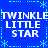 Blue background with white pixelated text "TWINKLE LITTLE STAR" repeated in four quadrants, surrounded by cyan star and dotted line decorations.
