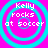 Four identical circular icons with cyan rings on a bright pink background, each displaying white text reading "Kelly rocks at soccer" in three lines.