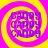 Four identical circular frames arranged in a , each containing the word 'CANDY' repeated three times in purple text on a yellow background with a pink spiral border