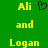 Green background with yellow text 'Ali and Logan' in pixelated font, a black heart symbol between the two names.