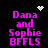 Pixelated pink text "Dana and Sophie BFFLS" on black background with white pixel art symbols above each instance.