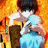 Pixelated static image of two figures in close proximity against a fiery orange-yellow background with visible dithering and color blending.