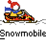 Animated contact sheet showing six frames of a pixel art snowmobile icon with a character in red hat and blue scarf riding on a snowy background.