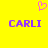 Yellow background with pink heart symbol above two purple 'CARLI' text blocks in pixelated font.