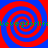 Four red and blue spiral patterns arranged in a with green text repeating horizontally across the image
