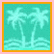 Pixelated turquoise palm trees with wave patterns on a teal background, framed by orange border.