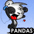 Pixelated panda icon with red lips, blue hair accessory, and 'PANDAS' text on blue background; another version shows panda in Santa hat with Christmas lights on green background.