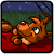 Pixelated cartoon of a brown dog-like creature lying on red fabric under a starry night sky with green foliage in the background.
