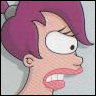 Close-up of a cartoon character with magenta hair tied in a bun, wide eyes, and an open mouth showing teeth, set against a light gray background.