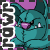 Pixelated teal cartoon character with purple accents and visible text on the left side of a static 50x50 icon.