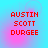 Red pixelated text 'AUSTIN SCOTT DURGEE' on a blue background with pink gradient overlays, displayed in a