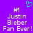 Purple background with white pixelated text reading "#1 Justin Bieber Fan Ever!" and a cyan pixelated heart symbol above the text.