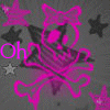 A static image with a dark gray background featuring pink neon-style skulls and crossbones, scattered black stars, and partial text fragments.
